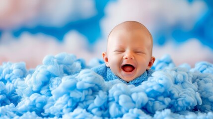  A baby yawns, eyes closed, mouth agape amidst a pile of blue, fluffy fabric