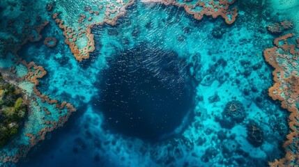 Aerial view of the Blue Hole in Belize, showcasing the deep blue circular sinkhole surrounded by vibrant coral reefs and turquoise waters.     