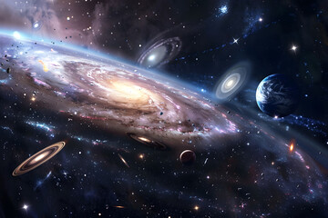 Majestic outer space panorama with galaxies and planets