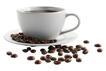 Coffee cup on table top with coffee beans isolated on transparent background