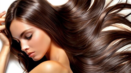 Obraz premium A beautiful woman reclines with long brown hair spread out in the foreground, eyes closed, hands resting behind her head