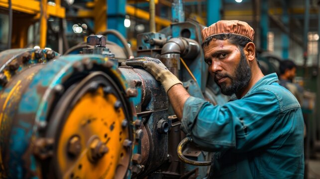 A mechanic fixing a leaking air compressor in a textile factory.