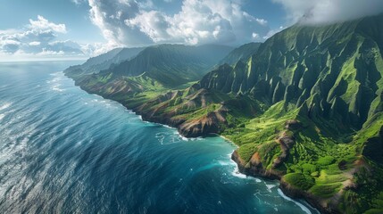 Aerial view of the Na Pali Coast in Hawaii, featuring the dramatic cliffs, lush green valleys, and...