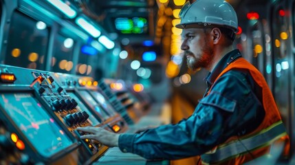 A mechanic configuring the electronic dashboard of a high-speed train.