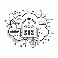Cloud computing flat design front view data storage theme cartoon drawing black and white