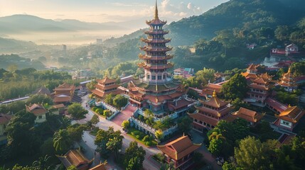 Aerial view of the Kek Lok Si Temple in Penang, Malaysia, with its towering pagoda and intricate architectural details set against a backdrop of lush hills.     