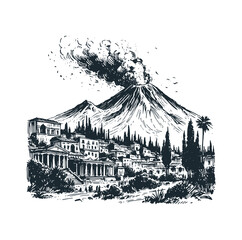 The Vesuvius mountain of Pompeii. Black white vector illutration logo.