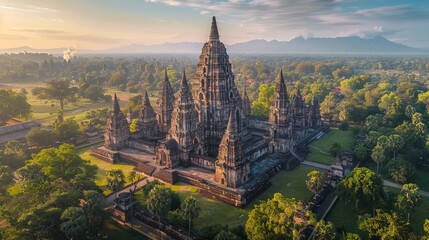 Aerial view of the Prambanan Temple in Indonesia, showcasing the Hindu temple complex with its towering spires surrounded by lush green landscape.     