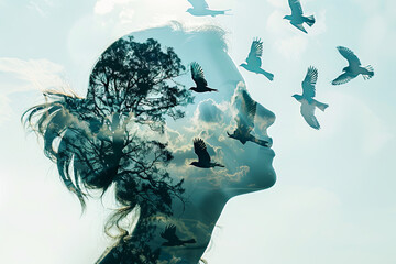 Womans head and birds flying, double exposure, freedom and liberty background. Beauty is a gift from nature
