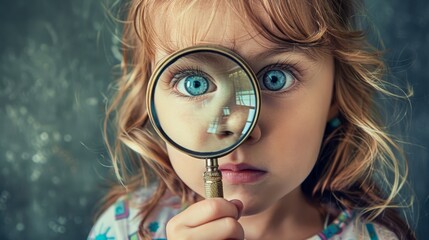  A child closely examines an object using a magnifying glass, with an eyeball near hers for comparison