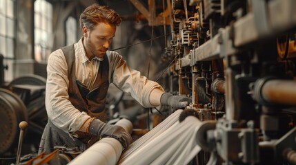 Naklejka premium A mechanic adjusting the tension in the belts of a large textile loom.