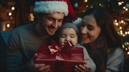 A man and a woman, each holding a child before a festive Christmas tree A gift lies presents before them