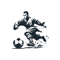 The shaolin playing football. Black white vector illustration logo.