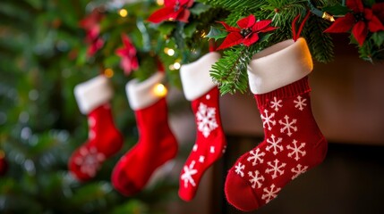 Christmas stockings hang from branches of a tree, adorned with red and white poinsettas