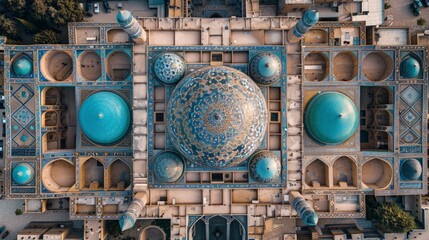 Aerial view of the Bibi-Khanym Mosque in Samarkand, Uzbekistan, with its grand blue domes and intricate tilework set against a vibrant cityscape.     