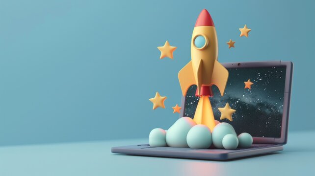 A stylized 3D icon of a navy blue laptop with a glossy yellow rocket launching from the enter key, emitting small stars, on a sky blue background., AI Generative