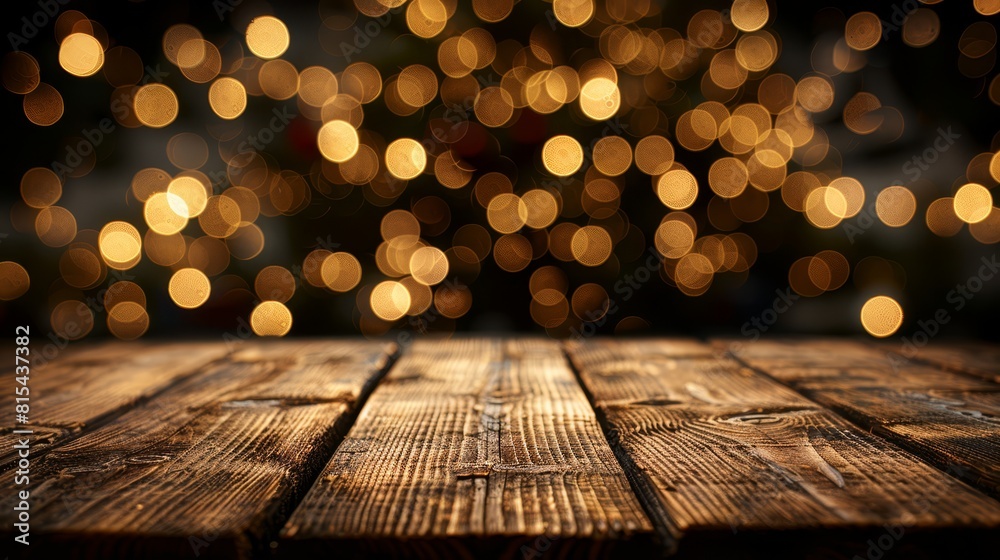 Wall mural a tight shot of a wooden table, background featuring a hazy christmas tree