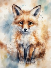 Obraz premium Mystical watercolor illustration of a cute baby fox in vibrant colors