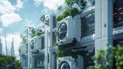 A high-tech office building with robotic maintenance units on the facade.