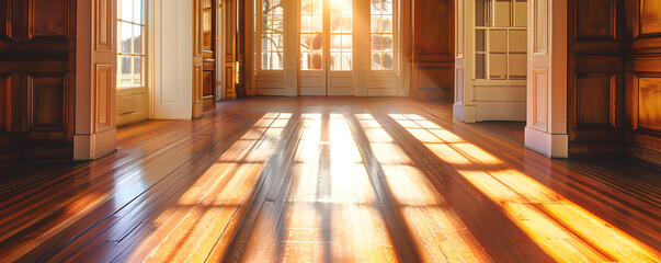 Sunlit wooden floor in elegant room