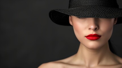  A woman in a black hat and red lipstick wears a black dress against a black background