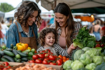 Two mothers and their child exploring a farmer's market.