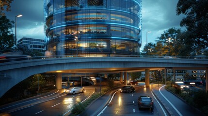 A high-rise office building with an automated parking system in the basement.
