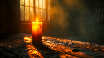 Mysterious Red Candle Burning in Dark Room.