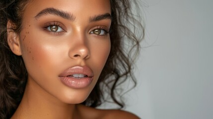 Naklejka premium A tight shot of a woman's freckled face, adorned with minimal makeup