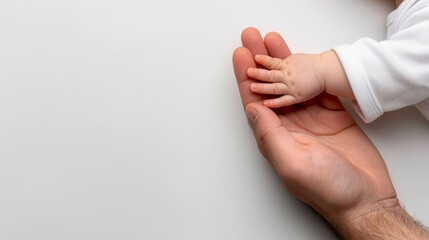 Naklejka premium A person closely holds a small child's hand, thumb touching a white surface