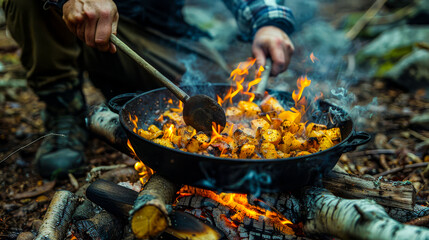 Fototapeta premium Cooking Over Campfire: Rustic Outdoor Meal Preparation.