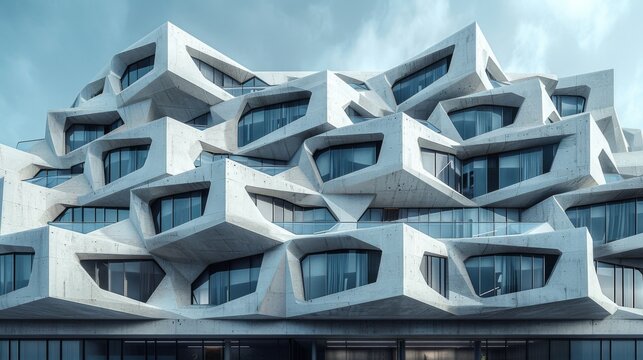 A geometrically complex office building with a tessellated exterior.