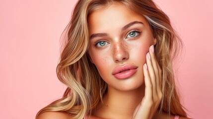 Fototapeta premium A woman with freckled hair and blue eyes poses, gazing at the camera with one hand resting on her cheek