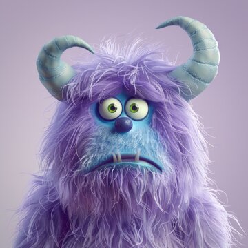 Shaggy Monster 3D Icon Create an icon featuring a shaggy monster with long, wavy purple fur, two small horns peeking out, AI Generative