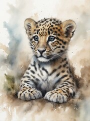 Obraz premium Watercolor painting of an adorable baby leopard with bright eyes