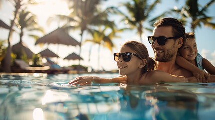 A family enjoying a swim in a pool with tropical palm trees in the background