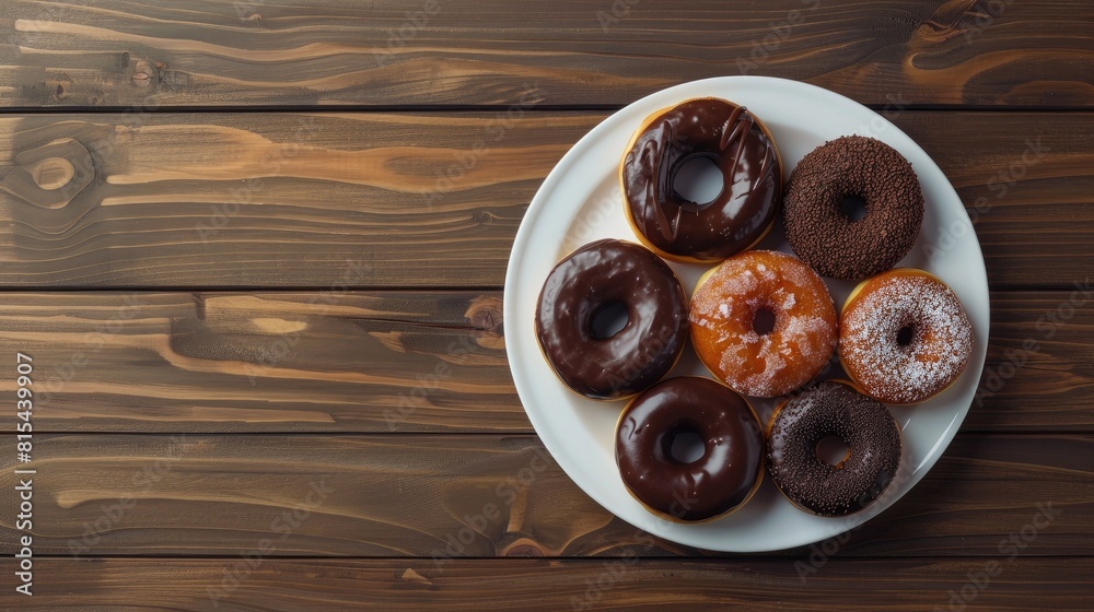 Wall mural Celebrate National American Donut Day with a tempting display of chocolate and glazed donuts resting on a pristine white plate atop a rich dark wooden surface