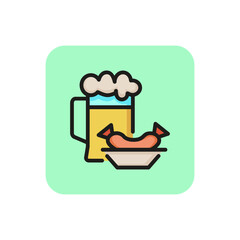 Line icon of plate with German sausage and beer mug. German food, Oktoberfest, snack. Meal concept. For topics like national cuisine, food, menu