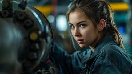 A female mechanic examining the hydraulic system of factory machinery.