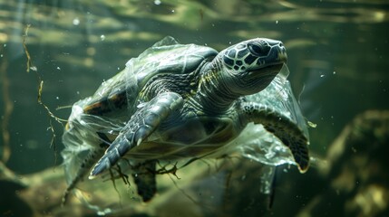 Obraz premium Underwater photos show Garbage wrapped around the turtle's body, Plastic waste problem