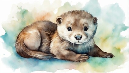 Mystical watercolor painting of a bright baby otter