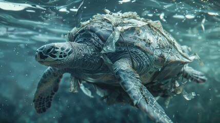 Fototapeta premium Underwater photos show Garbage wrapped around the turtle's body, Plastic waste problem
