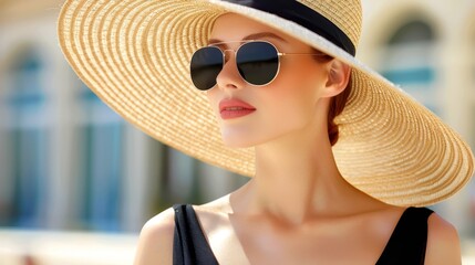 Fototapeta premium A woman wears a large straw hat and sunglasses She is dressed in a black tank top and a black-and-white striped tank top