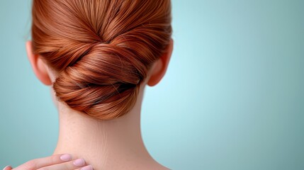 Fototapeta premium A woman with red hair in a low bun turns her head, revealing the nape Her hand rests on the shoulder visible in the frame