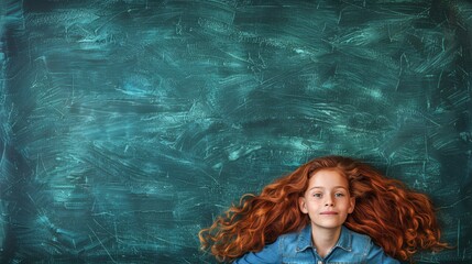  A young girl with long red hair stands before a green chalkboard