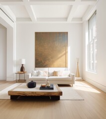 modern interior design, living room in New York loft apartment with large window and white walls, wooden floor