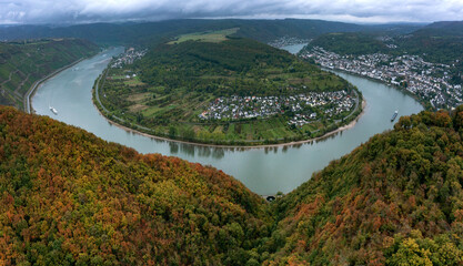Scenic river curve in the Rhein valley on a rainy day. Germany