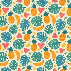 a vibrant pattern with tropical fruits and leaves, including pineapples, bananas