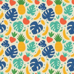 a vibrant pattern with tropical fruits and leaves, including pineapples, bananas