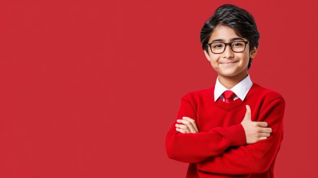  A young boy, dressed in a red sweater and donning glasses, smiles at the camera with his arms crossed against a bold red backdrop